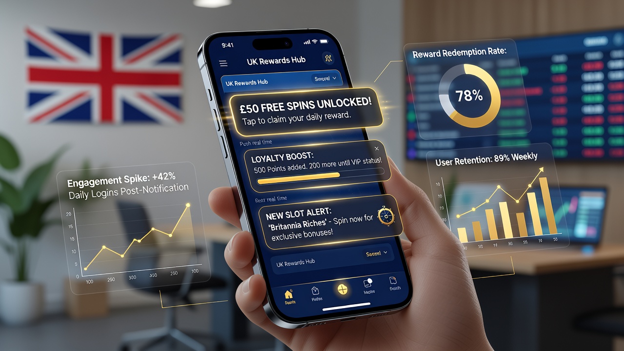 Analytics dashboard displaying notification performance metrics for casino reward engagement in UK apps