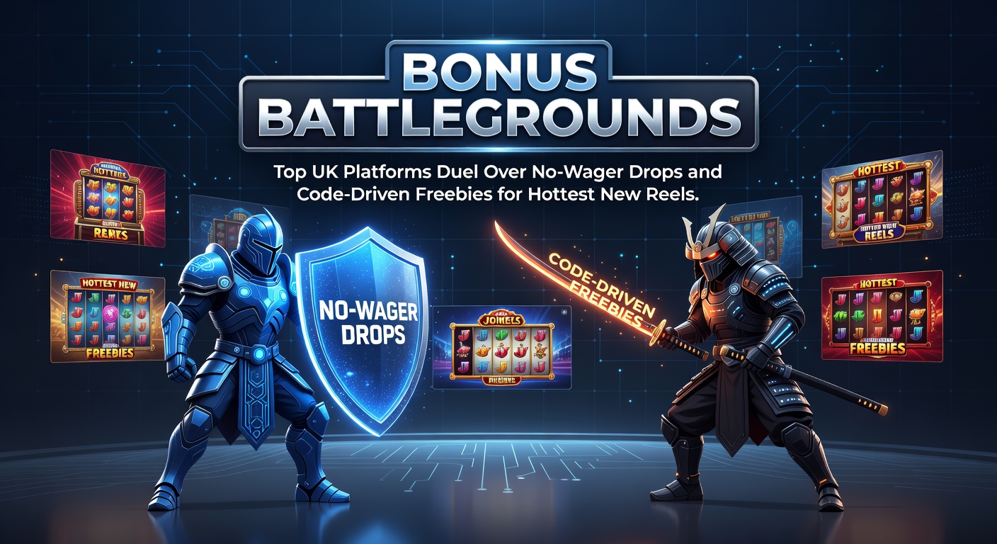 Dynamic graphic showing UK casino logos clashing like gladiators over glowing no-wager bonus icons and spinning reels