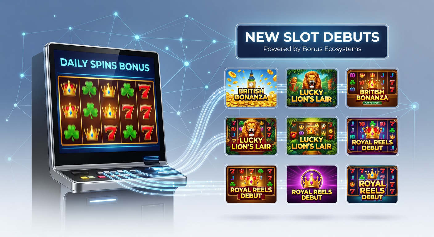 Illustration of interconnected bonus systems linking daily spins with new slot game launches at British online casinos