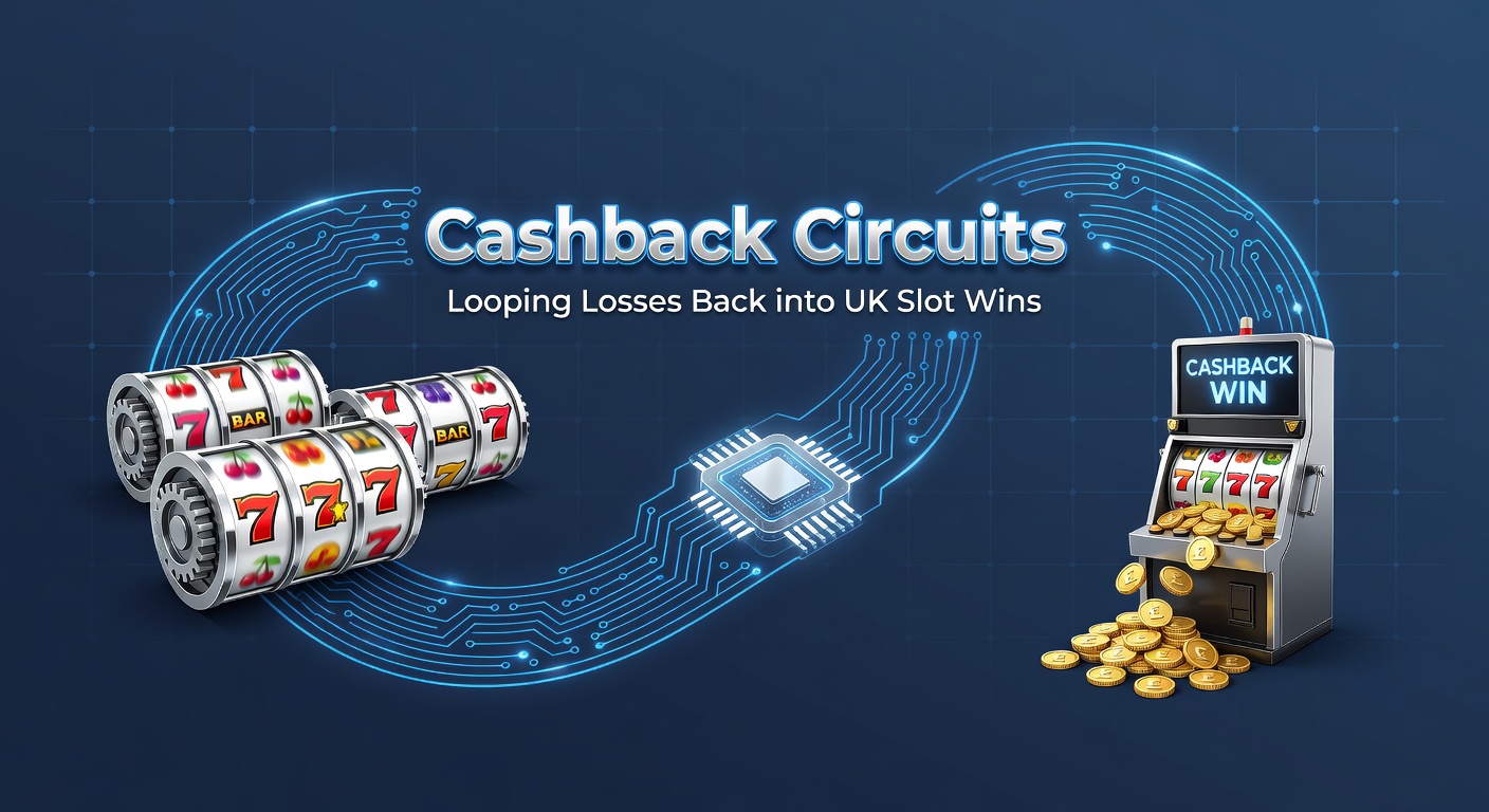 Dynamic graphic showing a looping circuit where slot losses transform into cashback rewards, illustrated with coins and slot reels
