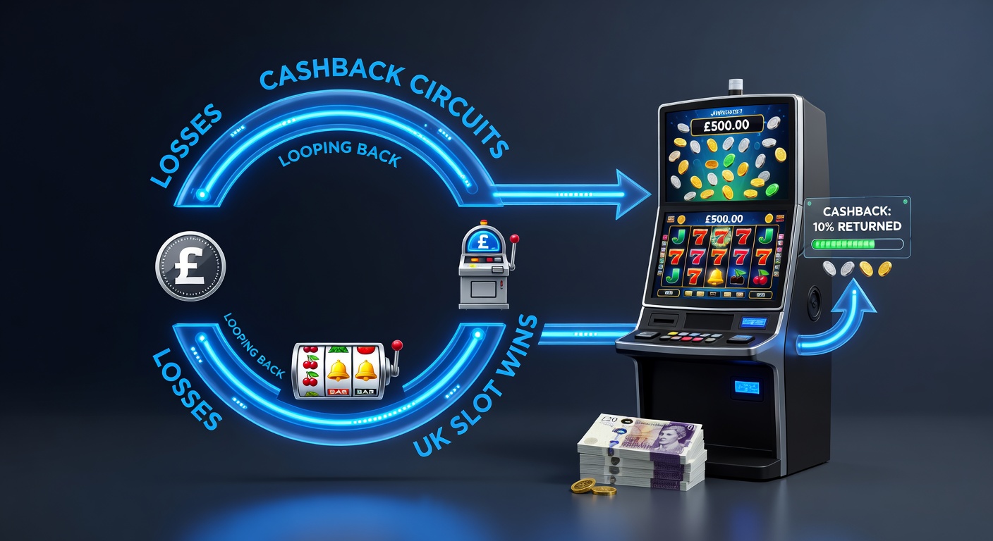 Close-up chart depicting cashback percentages looping losses into wins on colorful slot machine interfaces, with upward trending arrows