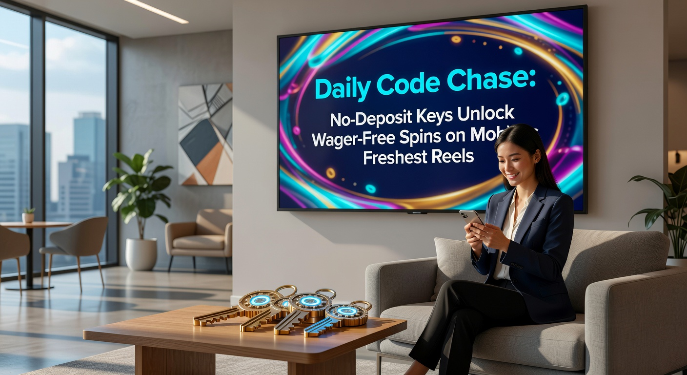Player's hand holding a mobile phone displaying a daily code redemption screen with wager-free spins activating on colorful new slot reels