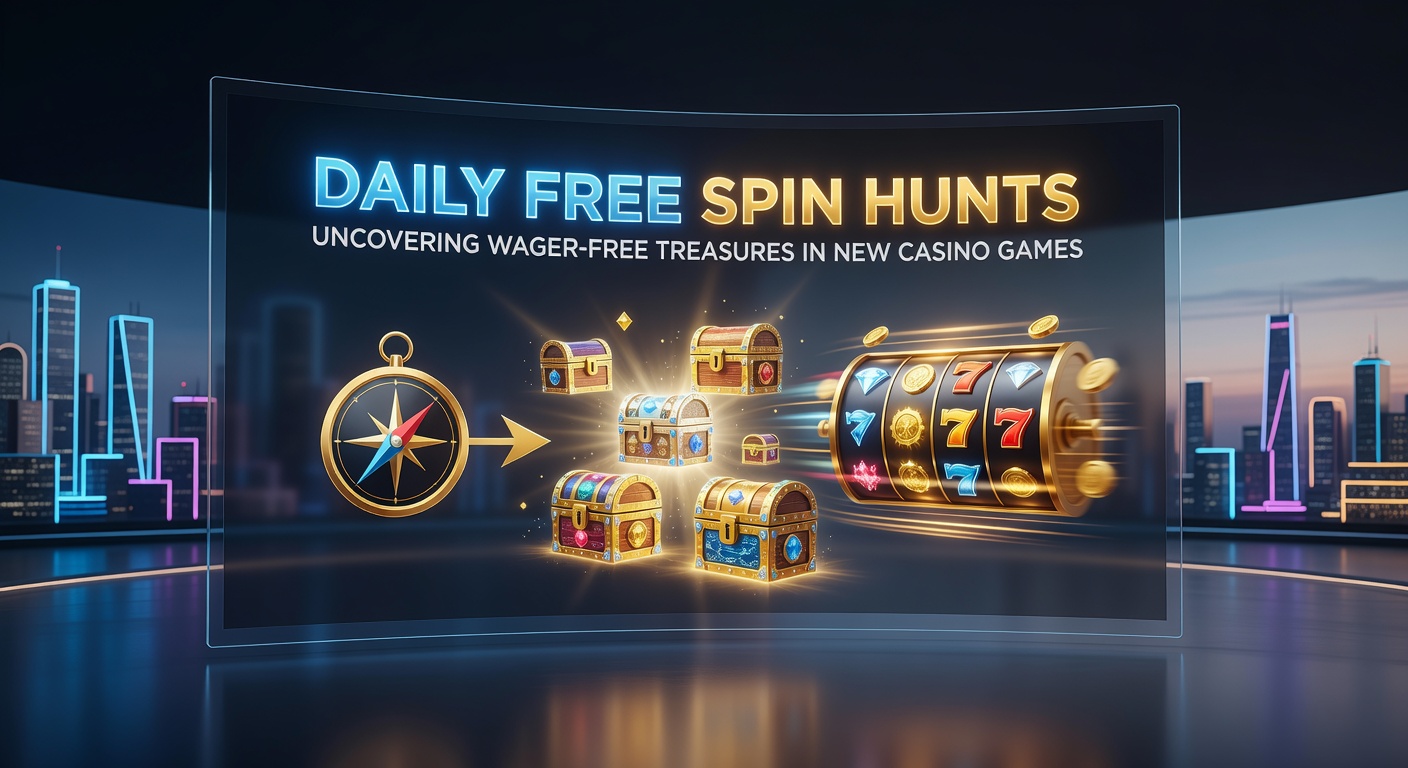 Vibrant casino interface showing a daily free spin promotion on a new slot game, with treasure chest icons highlighting wager-free wins