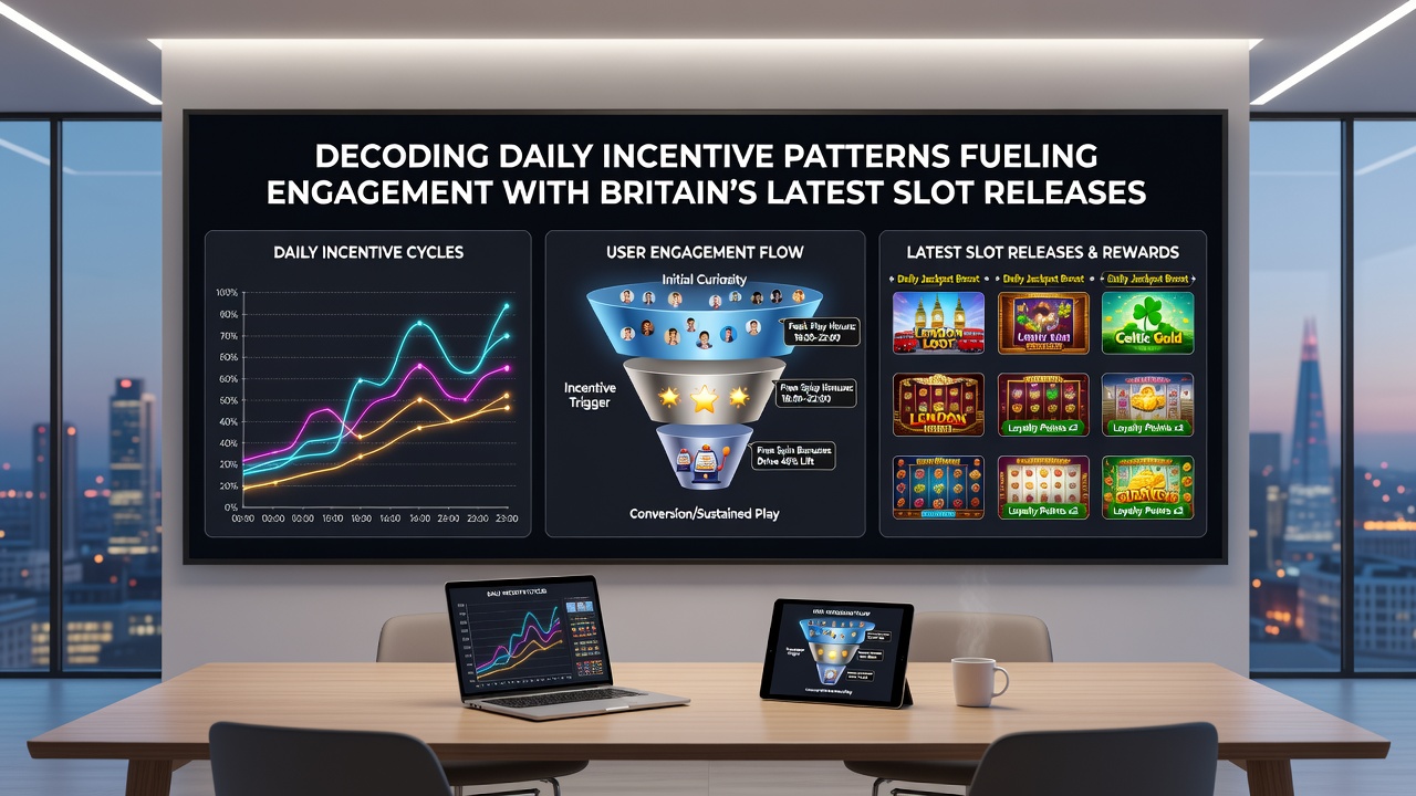 Infographic illustrating engagement metrics for Britain's newest slot titles driven by daily incentives and player retention data