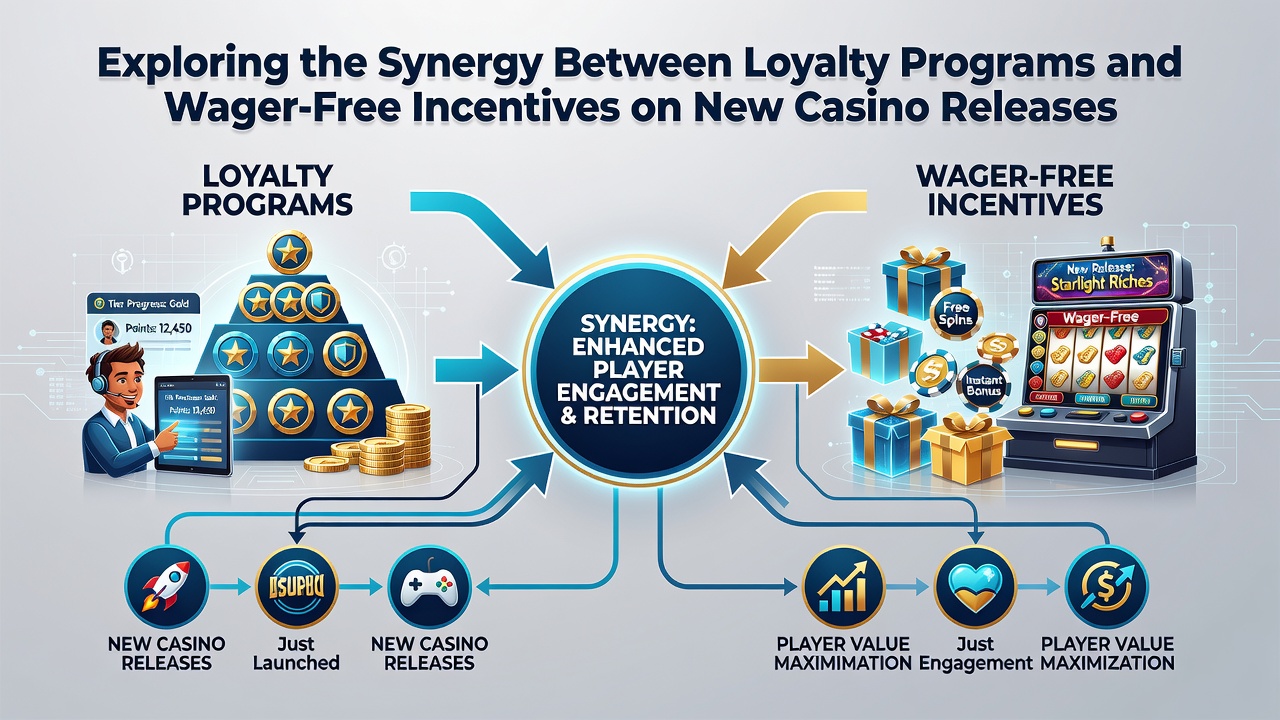 Split-screen view of loyalty dashboard metrics alongside a new slot game interface displaying free spin counters