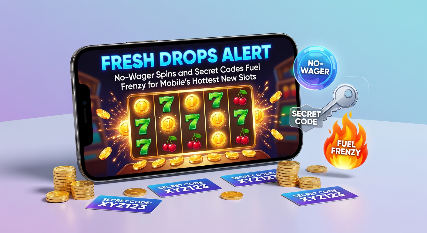 Close-up of a smartphone displaying a secret code redemption screen for no-wager spins on a vibrant new slot game, surrounded by notification icons and jackpot meters