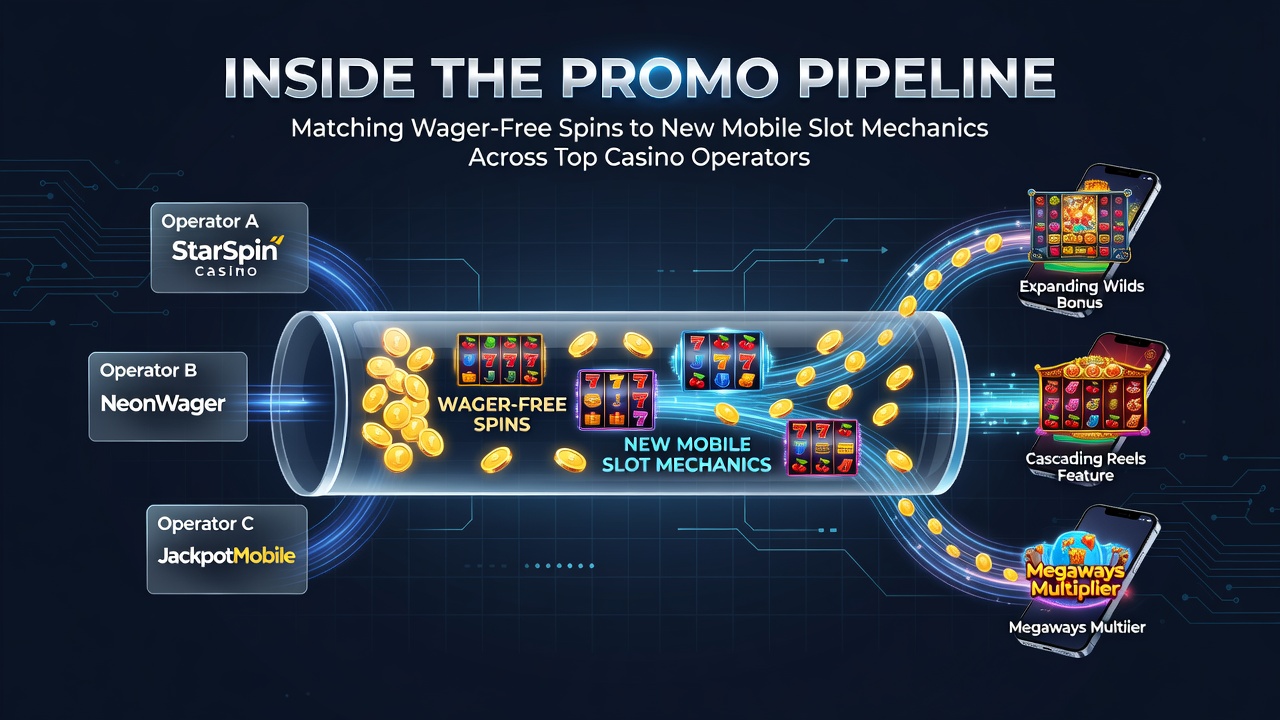 Mobile slot interface showing wager-free spin promotions integrated with new game mechanics on a smartphone screen