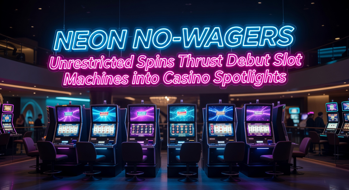 Vibrant neon-lit slot machine displaying unrestricted free spins promotion, with glowing reels and casino spotlight effects