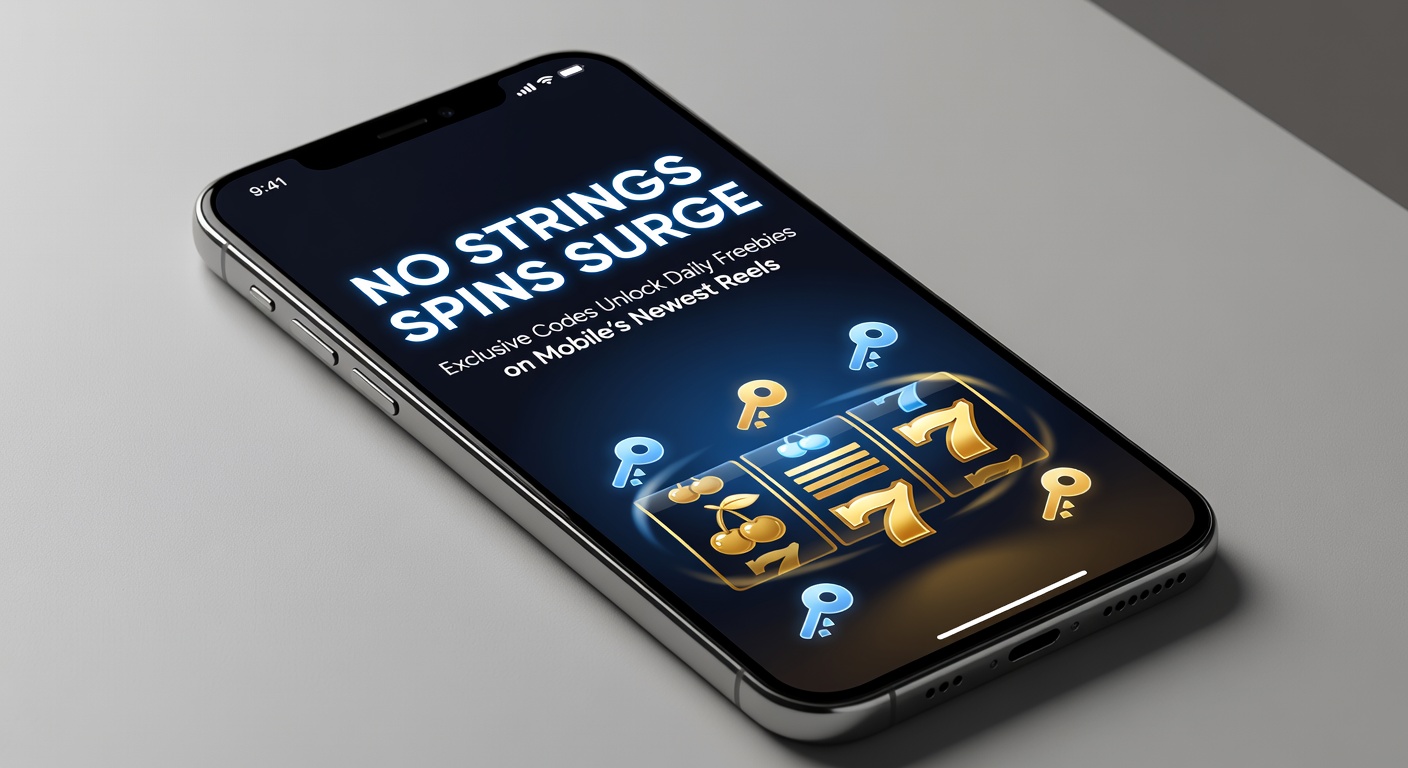 Close-up of a hand holding a smartphone with slot reels cascading wins, exclusive code input field visible, and daily free spin counter ticking up