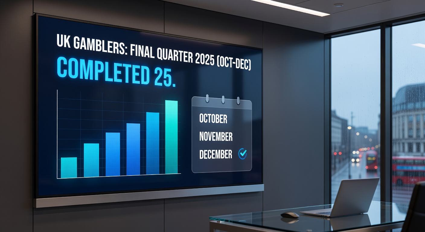 Graph charting upward trends in UK online slots GGY and active accounts for Q4 2025, overlaid with icons of slot reels and regulatory stamps