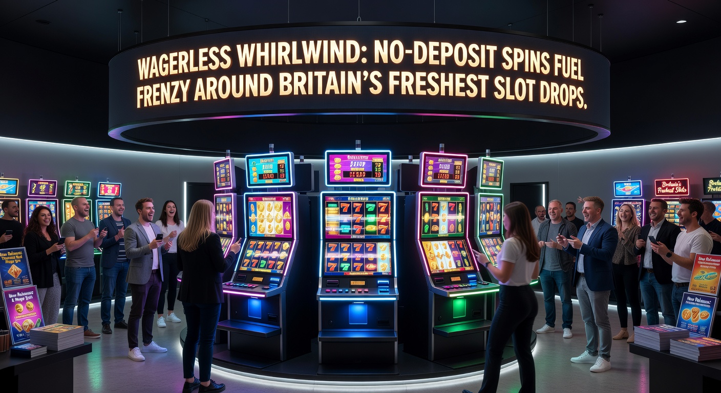 Vibrant slot machine reels spinning with colorful no-deposit bonus icons exploding across the screen, capturing the high-energy frenzy of Britain's latest slot launches