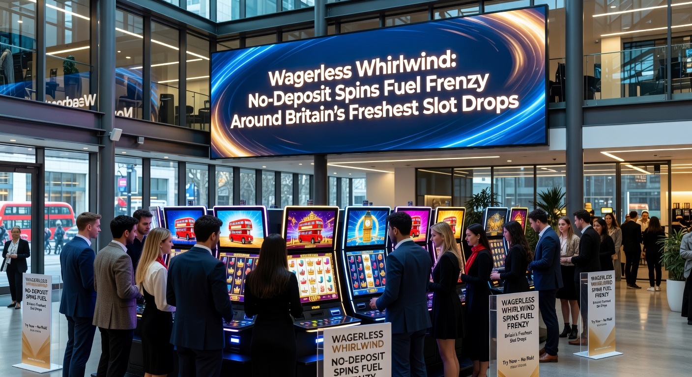 Dynamic close-up of a mobile phone screen displaying wagerless free spins activating on a vibrant new slot game, with coins and multipliers bursting forth amid the UK's slot craze